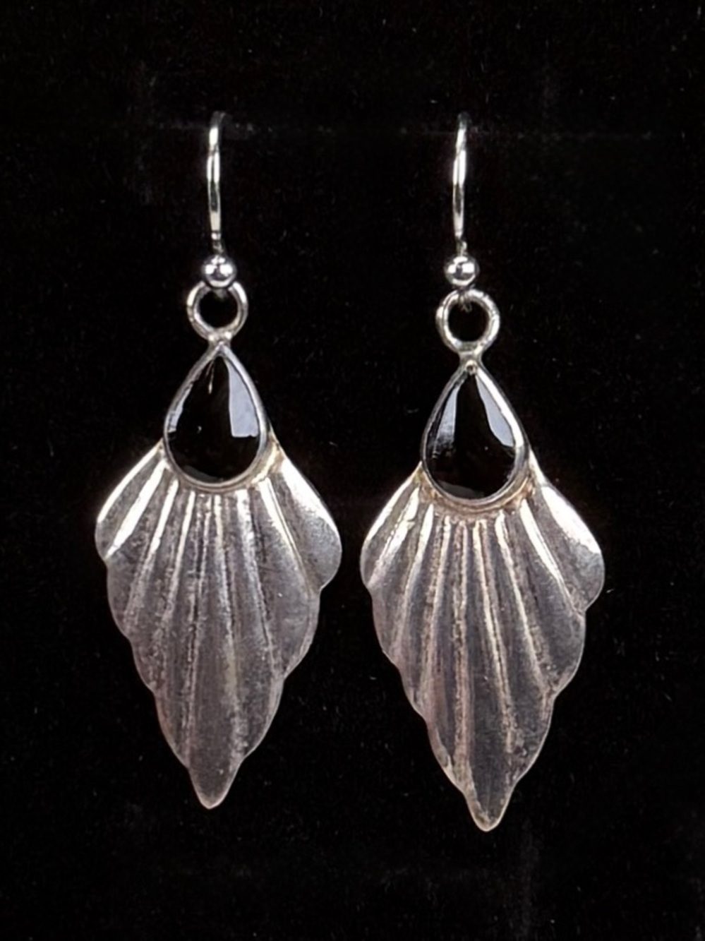 Silvertone Sculptural Leaf Black Teardrop Pierced Dangle Earrings